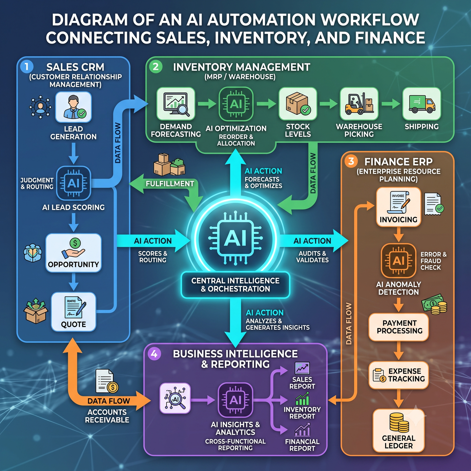 How AI Automation Can Improve Business Operations "Diagram of an AI automation workflow connecting sales, inventory, and finance"