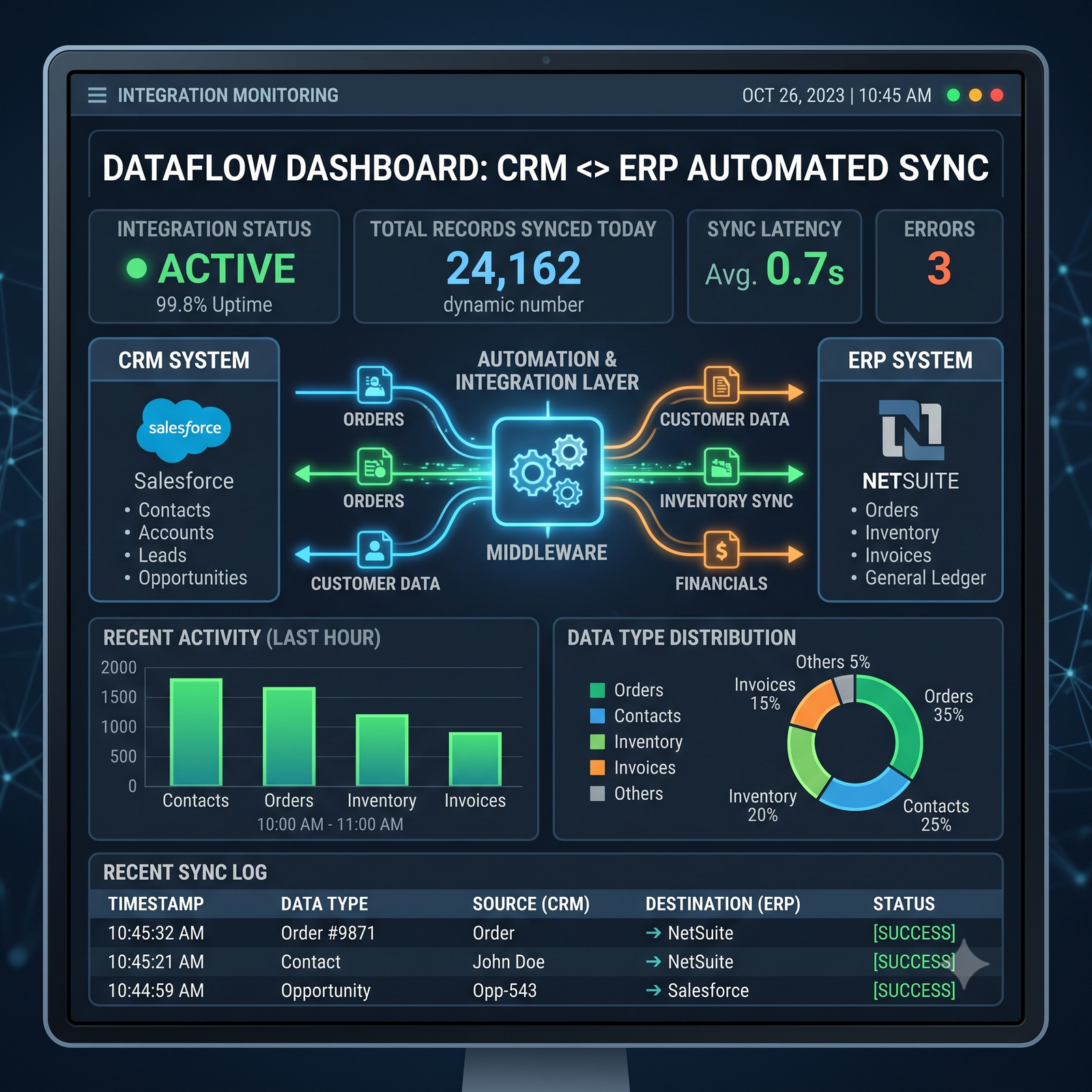 Dashboard showing automated data flow between CRM and ERP systems"