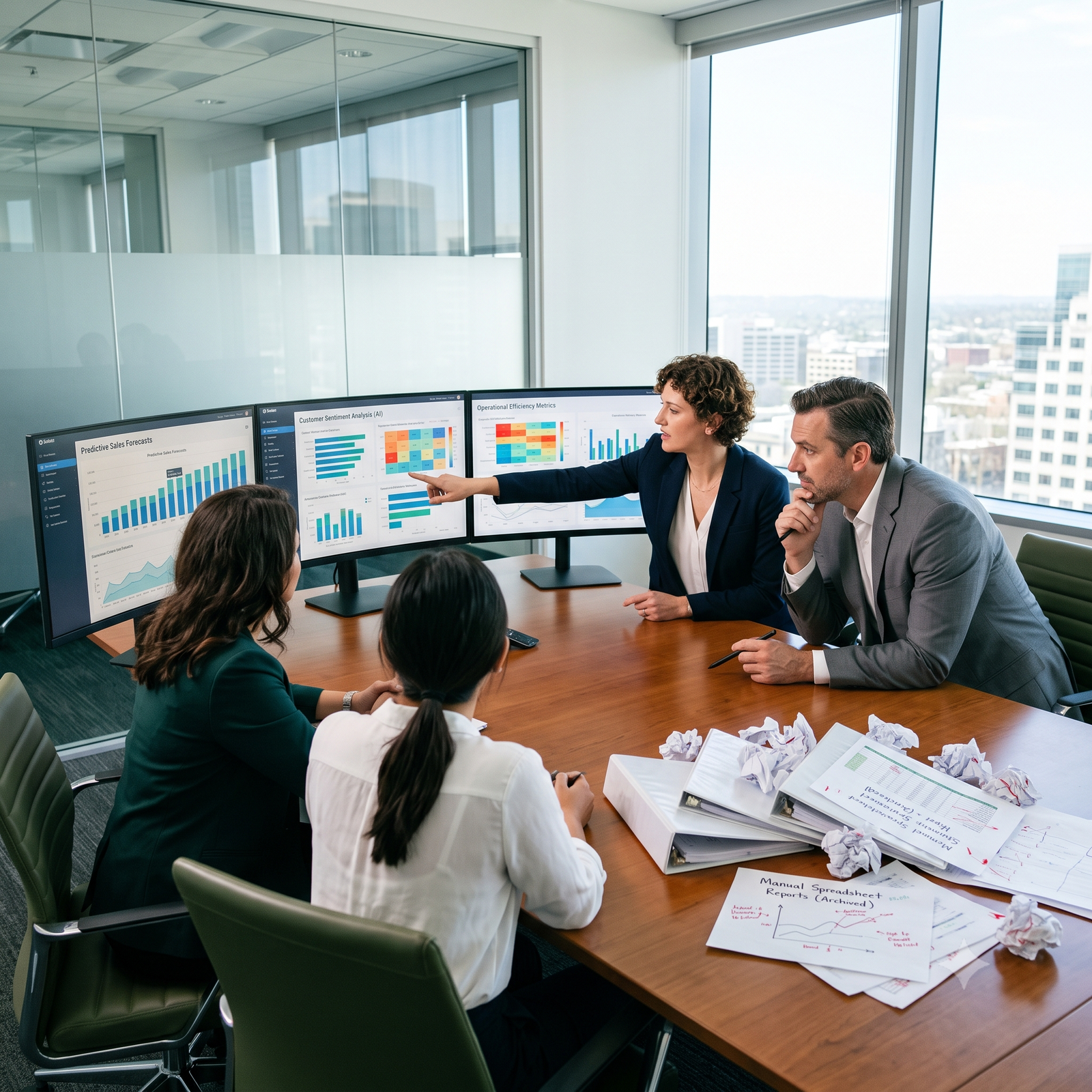 "Business team reviewing AI-generated reports instead of manual spreadsheets"